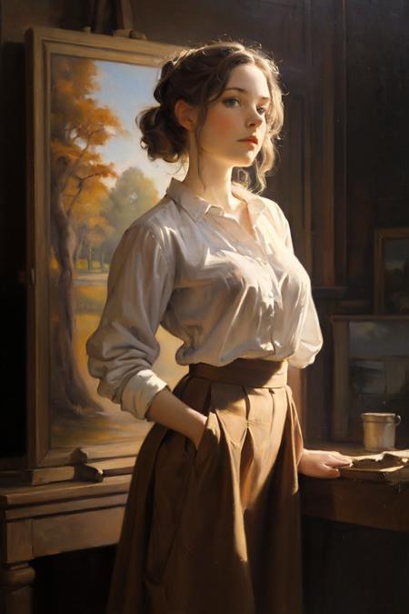 01392-2414620476-an oil painting portrait of a young woman by WllBgr, bougeureau, outdoor, brown skirt, white shirt, grey top, trees, standing, f.png